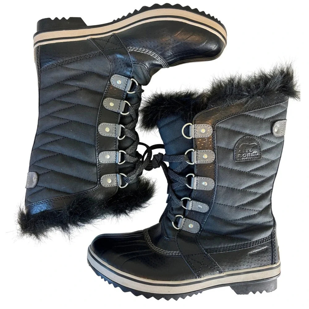 Sorel Tofino II Black Waterproof Faux Fur Winter Boots Size 7 L